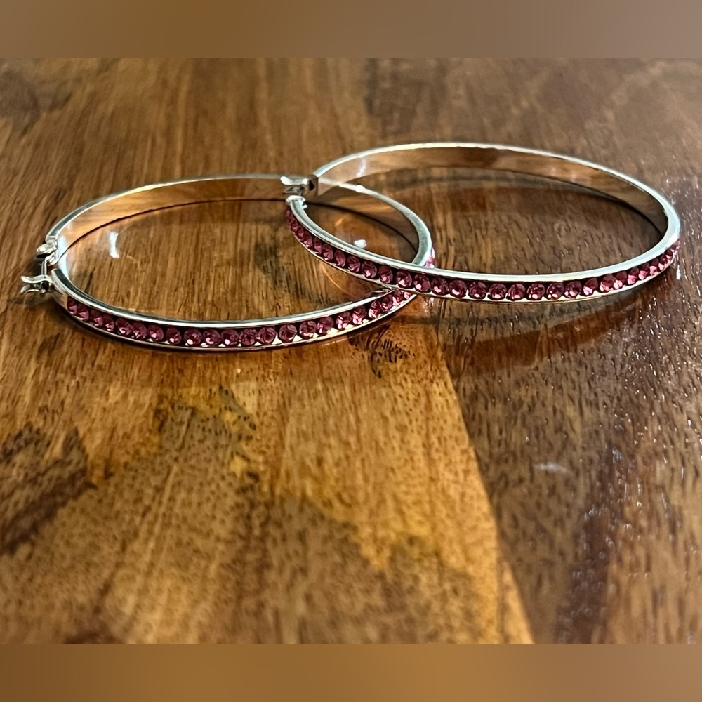 Bebe Silver & Pink Rhinestone Hoop Earrings